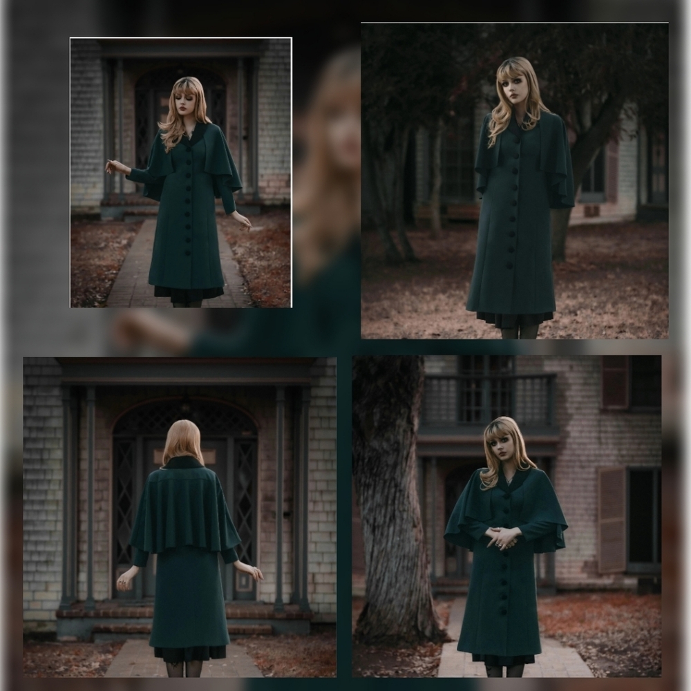*NWT* Lively Ghosts Hunter Green Cape Coat with Black Collar - Picture 15 of 16